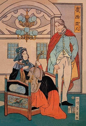 Ukiyo-e print of a Russian woman playing the cello, traditional Japanese art.