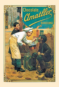 Chocolate advertising poster by Paul Charles Chocarne-Moreau featuring children cooking chocolate over an open flame.