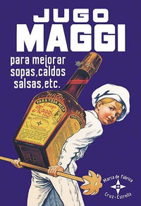 Spanish advertisement poster featuring a young boy chef carrying a Maggi seasoning bottle.