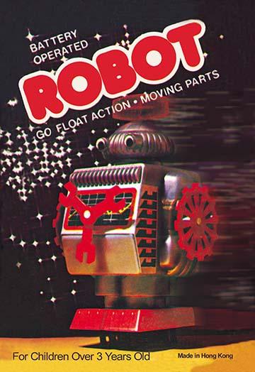 Battery Operated Robot: Go Float Action poster print showcasing a vintage tin toy on an alien landscape.