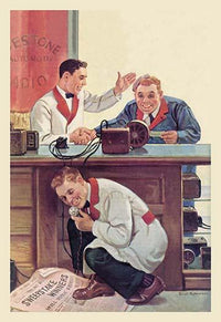 September 1935 Magazine Cover Art Print by Robert Robinson featuring garage employees listening to horse racing results.