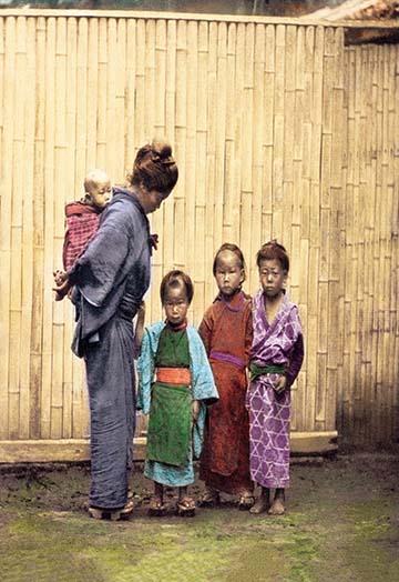 Hand Tinted Meiji Era Photograph of Woman with Children by Felice Beato
