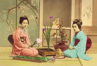 Ikebana Flower Arrangement Poster Print featuring two girls in kimonos arranging flowers.