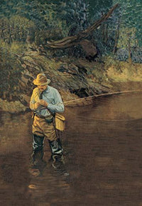 Fly fisherman standing in a stream rigging his hook poster print