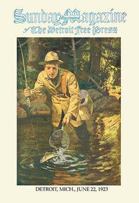 Cover of the Sunday Magazine from the Detroit Free Press June 22, 1923 showing an angler netting a trout.