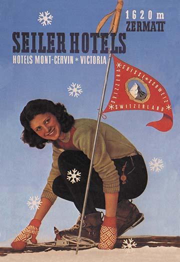 Vintage Ski Hotels Poster Print showcasing skiing culture and alpine landscapes.