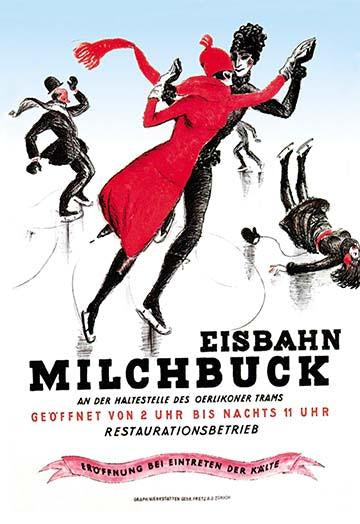 Elegant ice skating scene art print featuring a couple on ice, one in a red dress, by Hugo Laubi.
