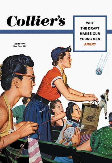 Vintage Collier's Magazine cover art featuring a woman catching a baseball in a shopping bag.