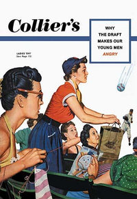 Vintage Collier's Magazine cover art featuring a woman catching a baseball in a shopping bag.