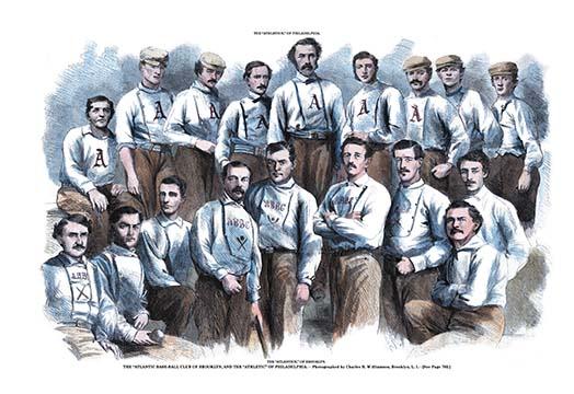 The Atlantic Baseball Club of Brooklyn & The Athletics of Philadelphia Poster Print featuring 18 players in uniform from 1866.