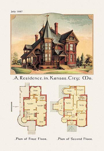 American Architecture of the Victorian Period Poster Print featuring exterior illustration and architectural plan.