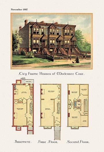 Victorian architecture home exterior illustration and floor plan poster print