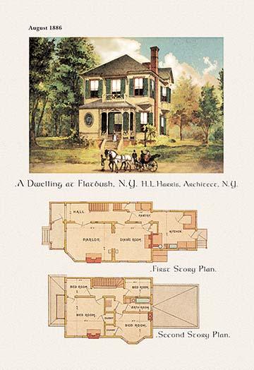Victorian architecture poster print illustrating home's exterior and floor plan.