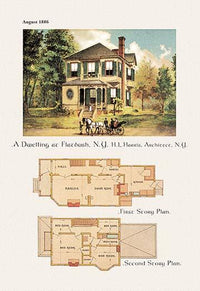 Victorian architecture poster print illustrating home's exterior and floor plan.