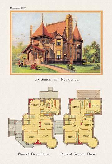 Victorian Period American Architecture Poster Print showcasing exterior and architectural layout