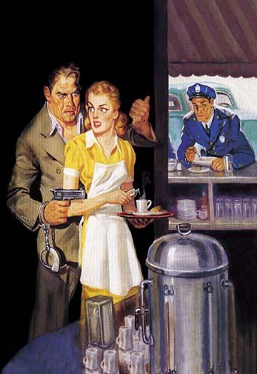 Dime Detective Magazine Cover Art by Rafael Desoto featuring a police officer and hostage scene.