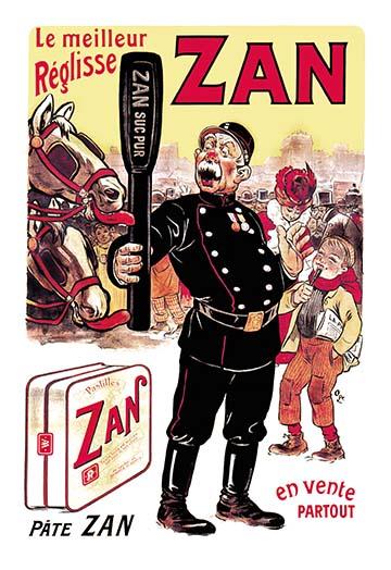 Whimsical ZAN Suc Pur poster print by Eugène Oge featuring a policeman and a horse.