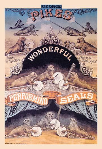 Performing seals poster print showcasing seals firing guns and playing instruments.