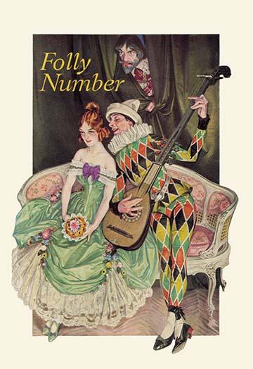 A False Note poster print by F. X. Leyendecker featuring a jester and a young woman.