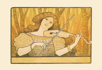 Violin Teacher Advertising Poster Print by Paul Berthon, featuring a young woman playing a violin with soft trees in the background.