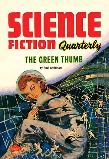 Science Fiction Quarterly February 1953 magazine cover poster print featuring a woman on a spider's web.