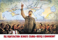 Stalin's Leadership Poster Print by Boris Berezovskii, arms raised before a world map.