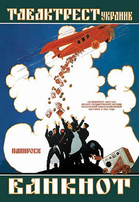 Boxes of cigarettes pouring from an airplane to excited workers poster print.