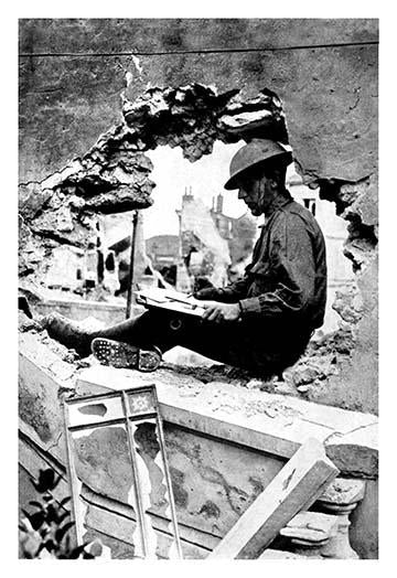 WWI troops engaged in battle, American serviceman writing letter, historical photograph poster print