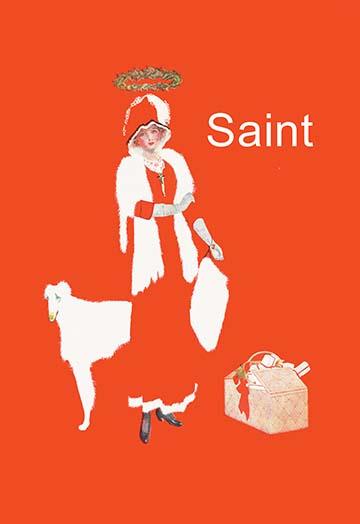A Present Day Saint poster print by C. Coles Phillips featuring a woman in red and fur under a festive wreath.