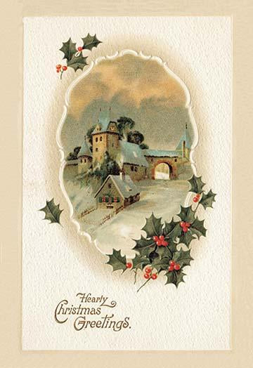 Winter Wonderland Christmas Illustration Poster Print featuring a snow-covered road leading to a building.