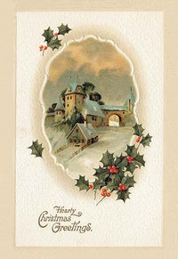 Winter Wonderland Christmas Illustration Poster Print featuring a snow-covered road leading to a building.