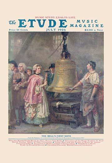 July 1926 The Etude magazine cover art print featuring a woman, a bell, and gentlemen.
