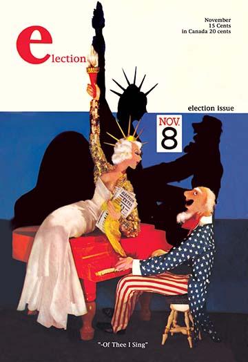 Statue of Liberty Piano Poster Print depicting a woman leaning over a piano played by Uncle Sam
