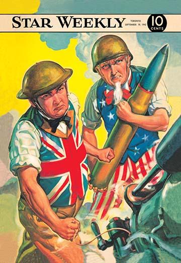 Uncle Sam and John Bull loading artillery round poster print from September 1942.