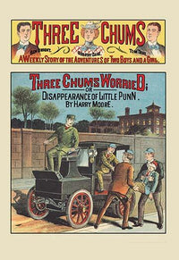 Three Chums: Worried vintage poster print from the 1890s featuring a kidnapping scene.