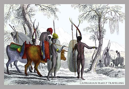 Hand-tinted engraving of horned mammals in natural settings, poster print