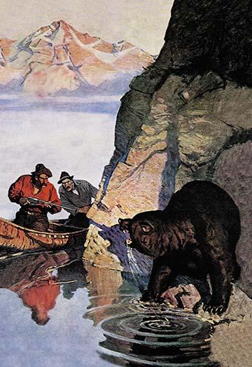 Bear Attack Poster Print by N.C. Wyeth featuring a grizzly bear and canoe in a stunning landscape.