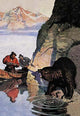 Bear Attack Poster Print by N.C. Wyeth featuring a grizzly bear and canoe in a stunning landscape.
