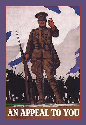British Recruitment Poster featuring soldier appealing to young men to join Her Majesty's service