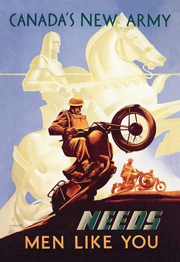 Canada's New Army Recruiting Poster by Eric Aldwinkle featuring a soldier on a motorcycle and a knight on horseback.