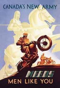 Canada's New Army Recruiting Poster by Eric Aldwinkle featuring a soldier on a motorcycle and a knight on horseback.
