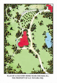 Aerial Landscape Plan Poster Print by J. Weidermann showcasing a house amidst plantings and trees.