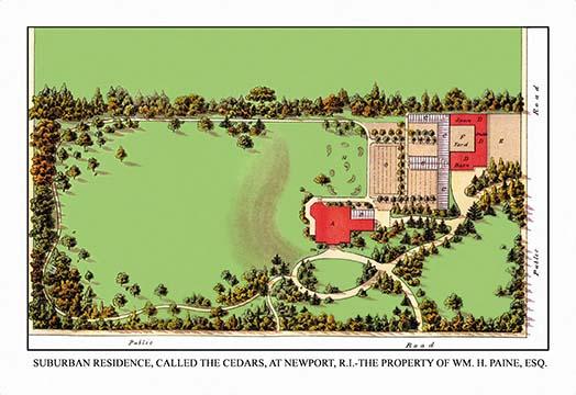 Aerial landscape plans poster print by J. Weidermann showcasing house amidst trees.