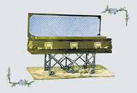 Vintage salesman's catalog page poster featuring tombstones and coffins.