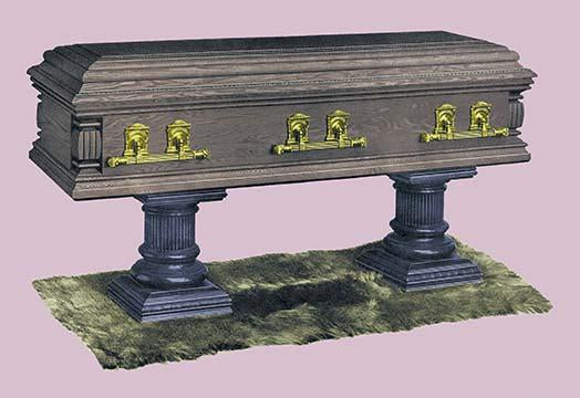 Vintage salesman's catalog page poster featuring tombstones and coffins.