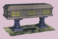 Vintage salesman's catalog page poster featuring tombstones and coffins.