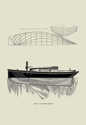 1891 graphic print of small yacht design by C.P. Kunhardt, vintage nautical art.