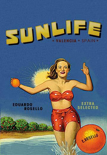 Spanish Oranges Vintage Crate Label Poster Print featuring a woman running in water.