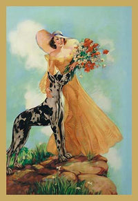 On the Bluff colorful print featuring a woman with a bouquet and a Great Dane by Irene Patten.