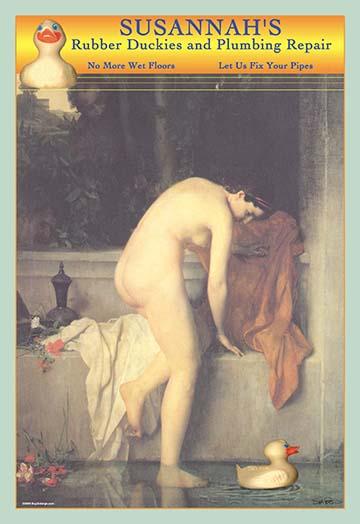 French painting of girl entering a tub to bathe with rubber duck poster print.